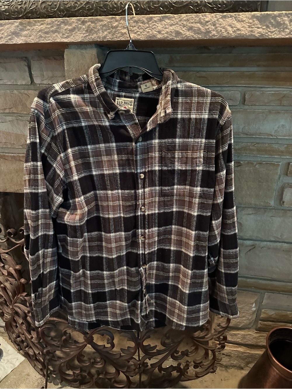 Red Head Brand Co. black, white and brown plaid flannel shirt in size L